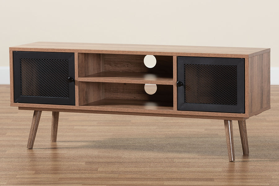 Baxton Studio Yuna Mid-Century Modern Transitional Natural Brown Finished Wood and Black Metal 2-Door TV Stand