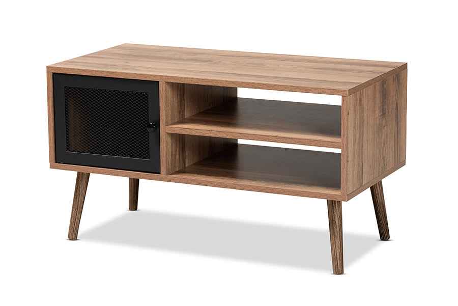 Baxton Studio Yuna Mid-Century Modern Transitional Natural Brown Finished Wood and Black Metal 1-Door Coffee Table