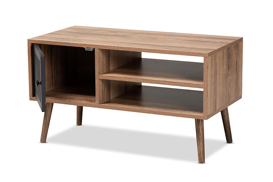 Baxton Studio Yuna Mid-Century Modern Transitional Natural Brown Finished Wood and Black Metal 1-Door Coffee Table