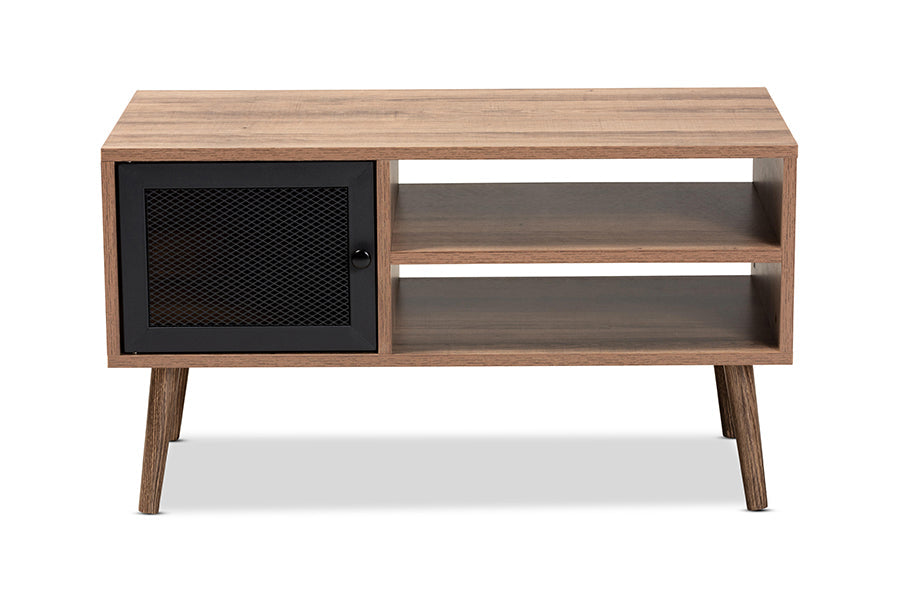 Baxton Studio Yuna Mid-Century Modern Transitional Natural Brown Finished Wood and Black Metal 1-Door Coffee Table