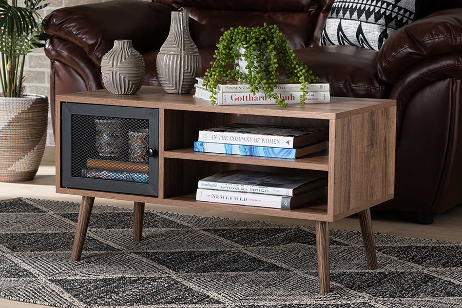 Baxton Studio Yuna Mid-Century Modern Transitional Natural Brown Finished Wood and Black Metal 1-Door Coffee Table