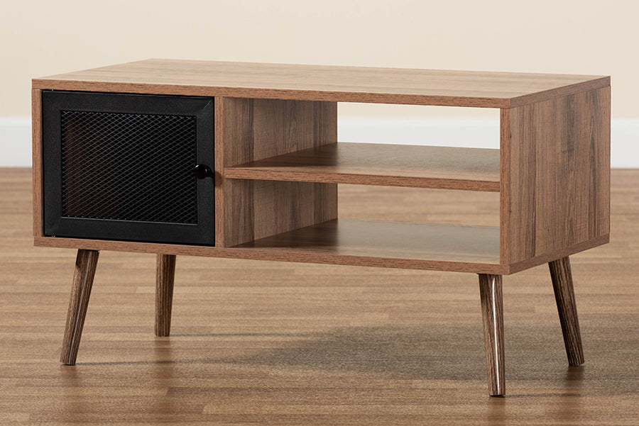 Baxton Studio Yuna Mid-Century Modern Transitional Natural Brown Finished Wood and Black Metal 1-Door Coffee Table