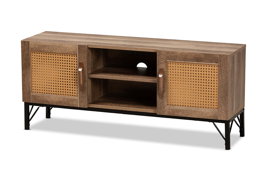 Baxton Studio Veanna Bohemian Natural Brown Finished Wood and Black Metal 2-Door TV Stand with Synthetic Rattan
