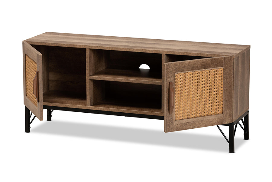 Baxton Studio Veanna Bohemian Natural Brown Finished Wood and Black Metal 2-Door TV Stand with Synthetic Rattan