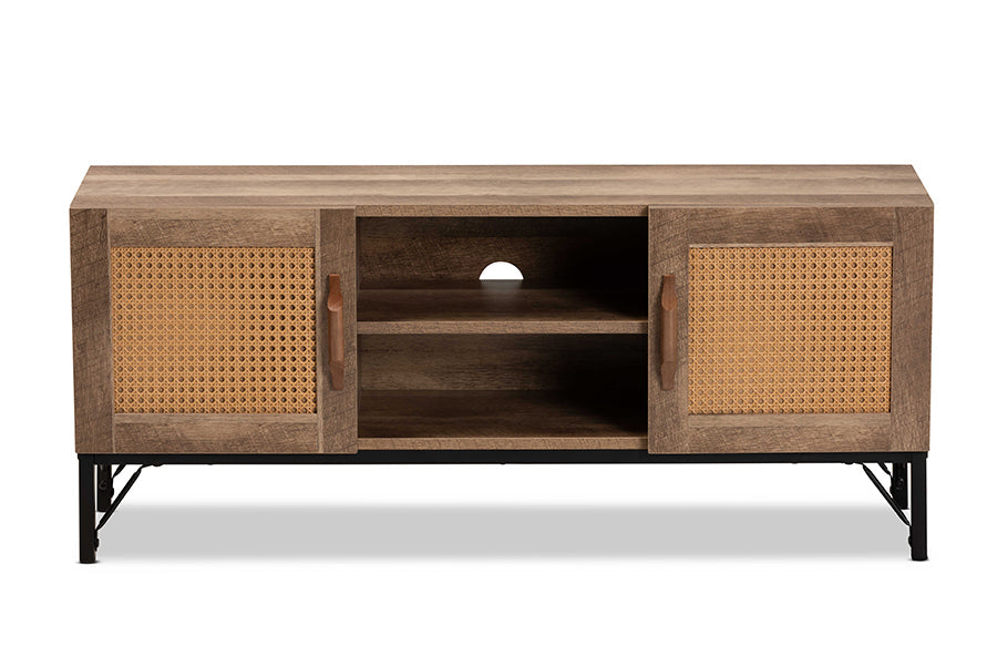 Baxton Studio Veanna Bohemian Natural Brown Finished Wood and Black Metal 2-Door TV Stand with Synthetic Rattan