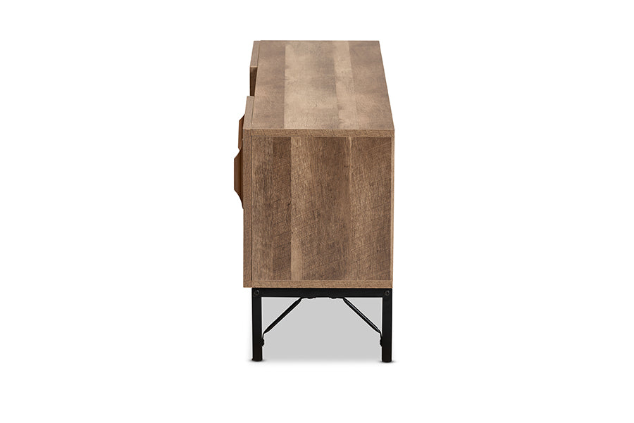 Baxton Studio Veanna Bohemian Natural Brown Finished Wood and Black Metal 2-Door TV Stand with Synthetic Rattan