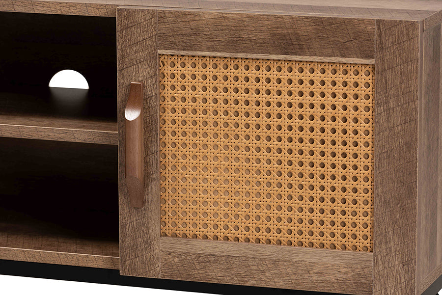 Baxton Studio Veanna Bohemian Natural Brown Finished Wood and Black Metal 2-Door TV Stand with Synthetic Rattan