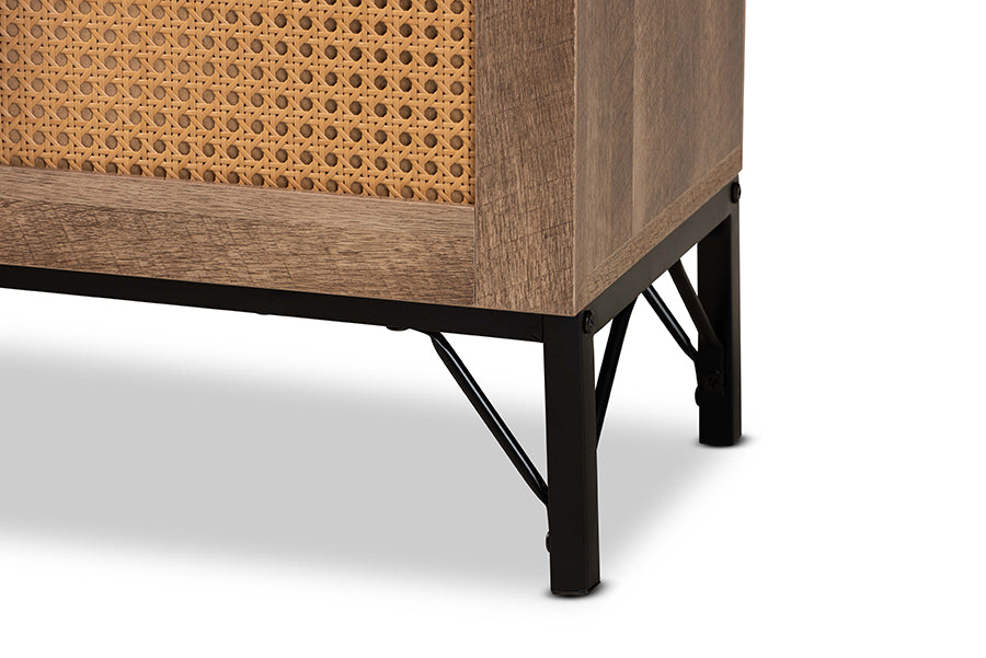 Baxton Studio Veanna Bohemian Natural Brown Finished Wood and Black Metal 2-Door TV Stand with Synthetic Rattan