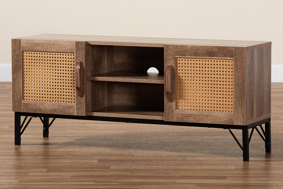 Baxton Studio Veanna Bohemian Natural Brown Finished Wood and Black Metal 2-Door TV Stand with Synthetic Rattan