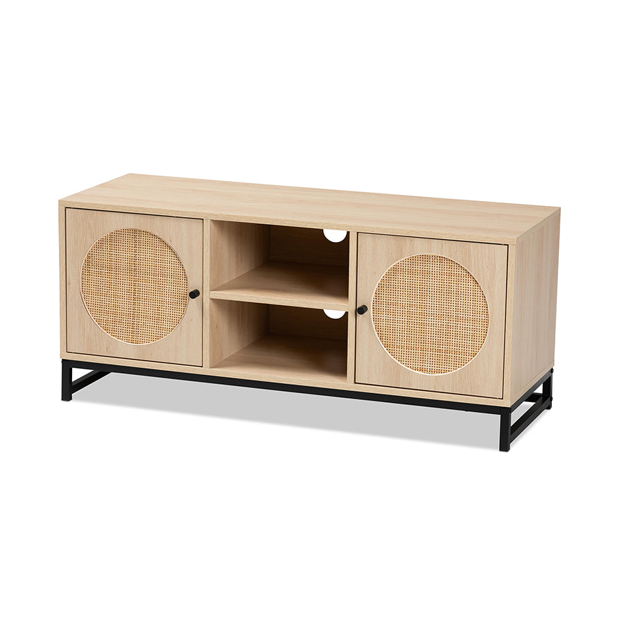Baxton Studio Ardon Bohemian Light Brown Finished Wood and Black Metal 2-Door TV Stand with Natural Rattan