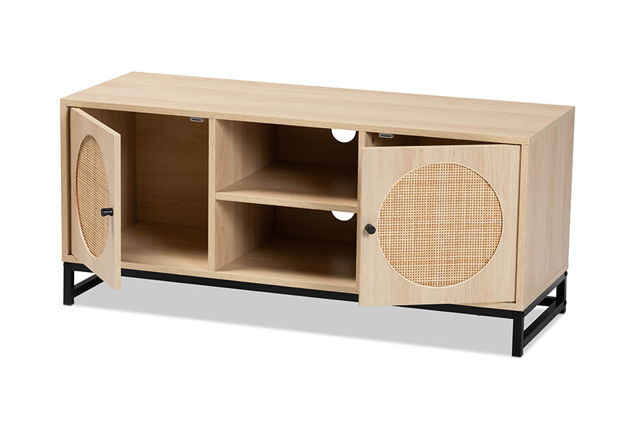 Baxton Studio Ardon Bohemian Light Brown Finished Wood and Black Metal 2-Door TV Stand with Natural Rattan