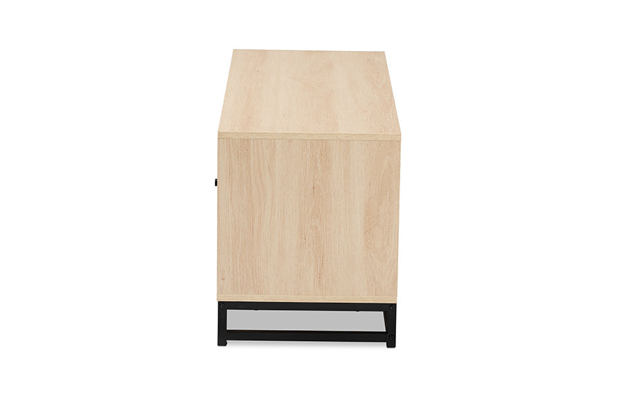 Baxton Studio Ardon Bohemian Light Brown Finished Wood and Black Metal 2-Door TV Stand with Natural Rattan