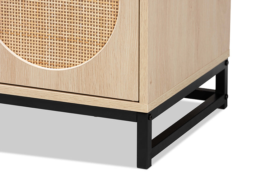 Baxton Studio Ardon Bohemian Light Brown Finished Wood and Black Metal 2-Door TV Stand with Natural Rattan