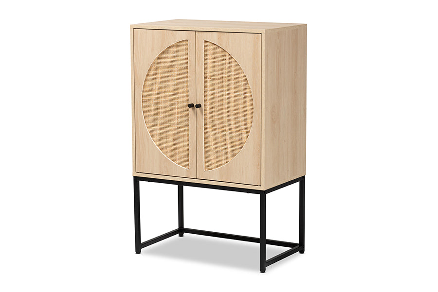 Baxton Studio Ardon Bohemian Light Brown Finished Wood and Black Metal 2-Door Storage Cabinet with Natural Rattan