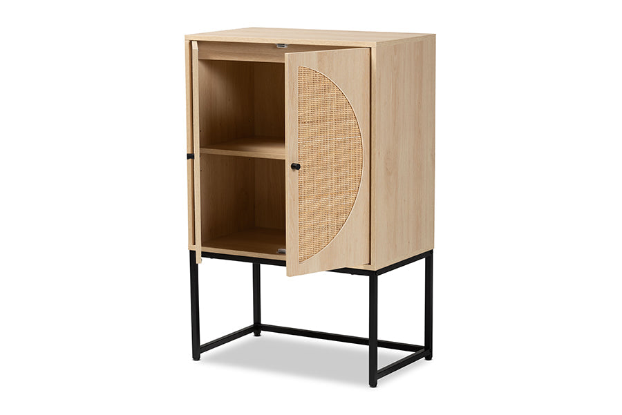 Baxton Studio Ardon Bohemian Light Brown Finished Wood and Black Metal 2-Door Storage Cabinet with Natural Rattan