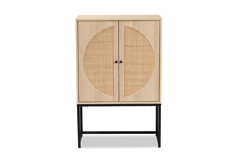Baxton Studio Ardon Bohemian Light Brown Finished Wood and Black Metal 2-Door Storage Cabinet with Natural Rattan
