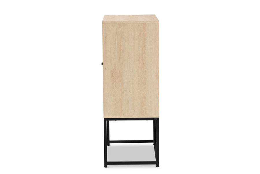 Baxton Studio Ardon Bohemian Light Brown Finished Wood and Black Metal 2-Door Storage Cabinet with Natural Rattan