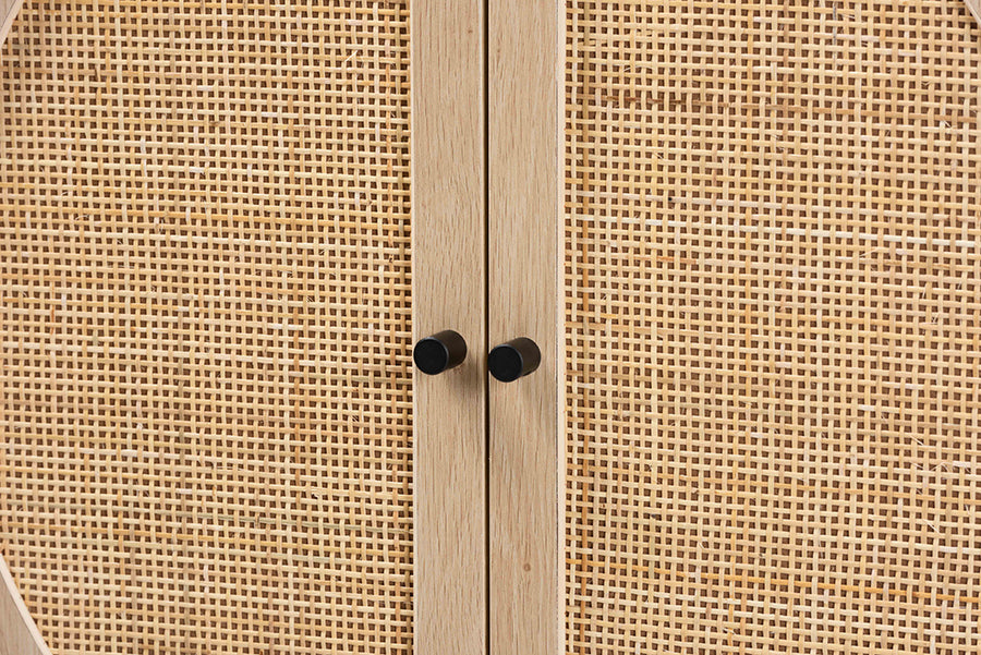 Baxton Studio Ardon Bohemian Light Brown Finished Wood and Black Metal 2-Door Storage Cabinet with Natural Rattan