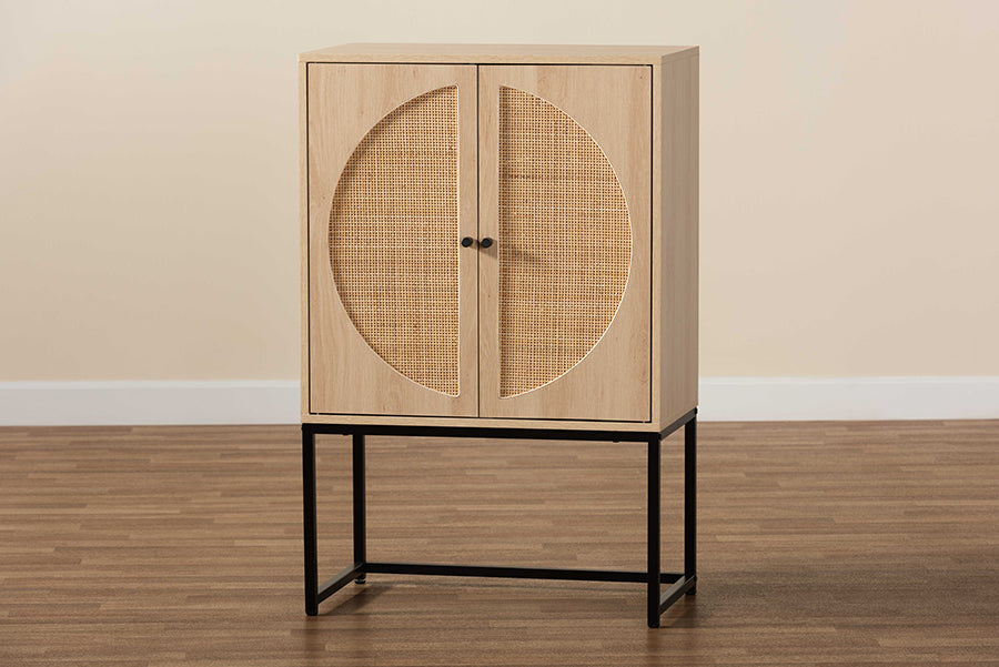 Baxton Studio Ardon Bohemian Light Brown Finished Wood and Black Metal 2-Door Storage Cabinet with Natural Rattan