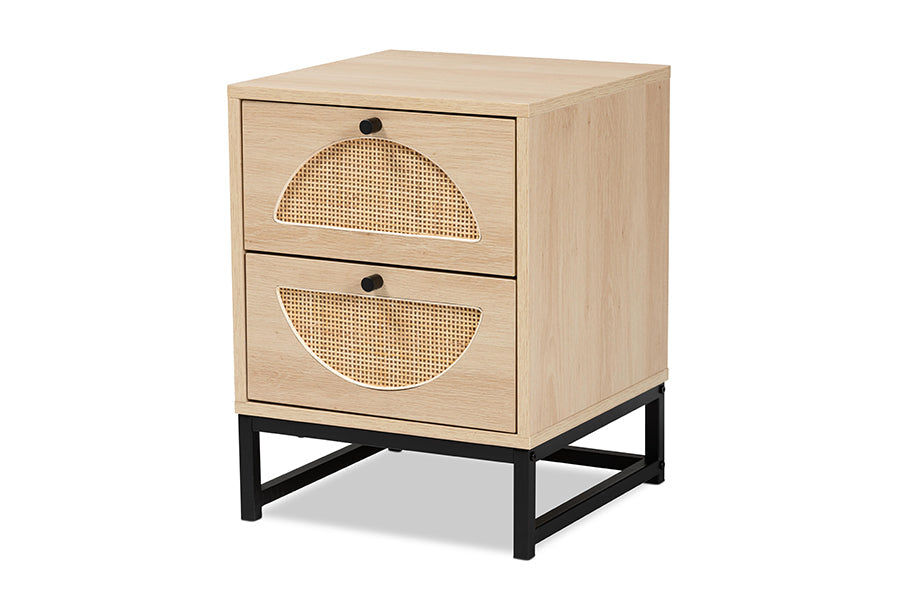 Baxton Studio Ardon Bohemian Light Brown Finished Wood and Black Metal 1-Drawer Nightstand with Natural Rattan