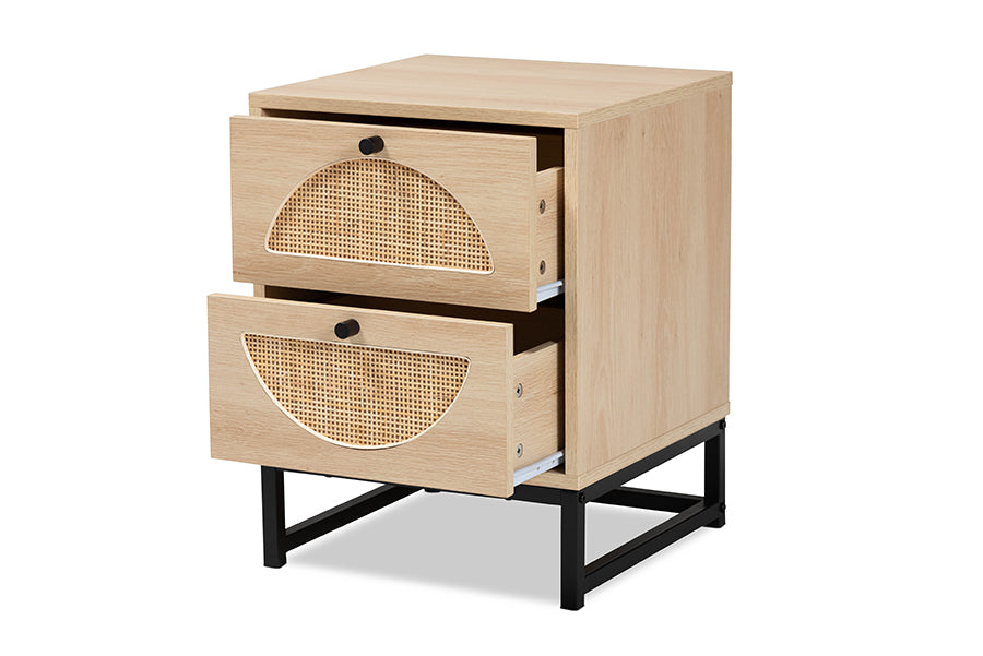 Baxton Studio Ardon Bohemian Light Brown Finished Wood and Black Metal 1-Drawer Nightstand with Natural Rattan