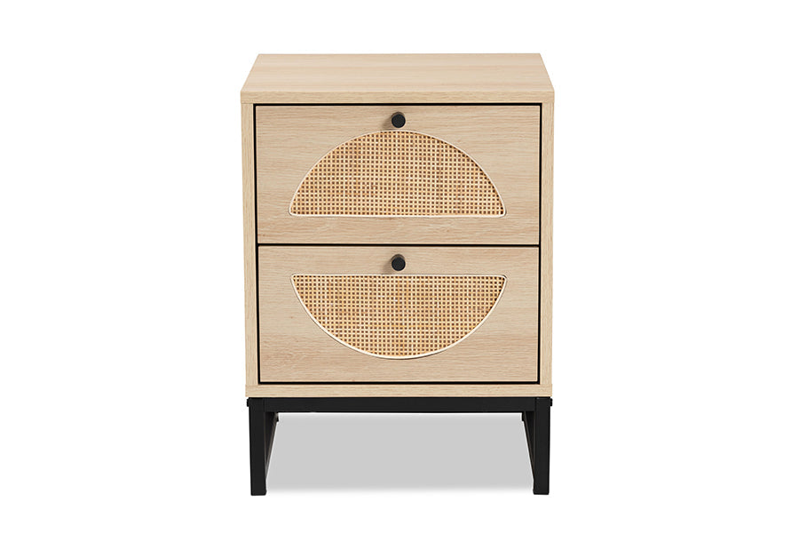 Baxton Studio Ardon Bohemian Light Brown Finished Wood and Black Metal 1-Drawer Nightstand with Natural Rattan