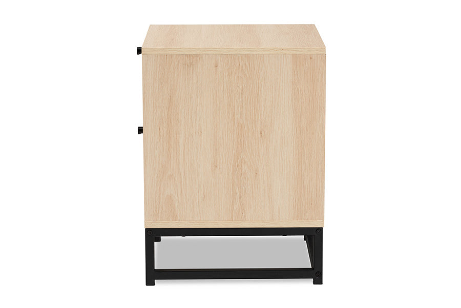 Baxton Studio Ardon Bohemian Light Brown Finished Wood and Black Metal 1-Drawer Nightstand with Natural Rattan