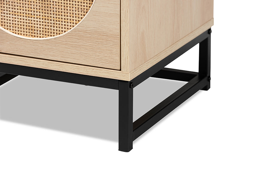 Baxton Studio Ardon Bohemian Light Brown Finished Wood and Black Metal 1-Drawer Nightstand with Natural Rattan