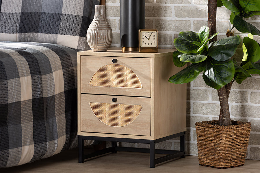 Baxton Studio Ardon Bohemian Light Brown Finished Wood and Black Metal 1-Drawer Nightstand with Natural Rattan