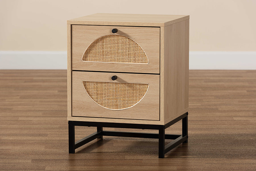Baxton Studio Ardon Bohemian Light Brown Finished Wood and Black Metal 1-Drawer Nightstand with Natural Rattan
