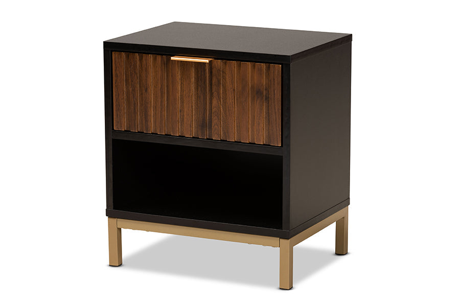 Baxton Studio Uriel Mid-Century Modern Transitional Two-Tone Natural Brown and Black Finished Wood and Brushed Gold Metal 1-Drawer Nightstand