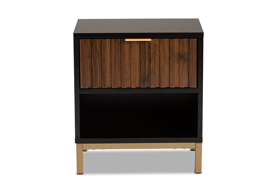 Baxton Studio Uriel Mid-Century Modern Transitional Two-Tone Natural Brown and Black Finished Wood and Brushed Gold Metal 1-Drawer Nightstand