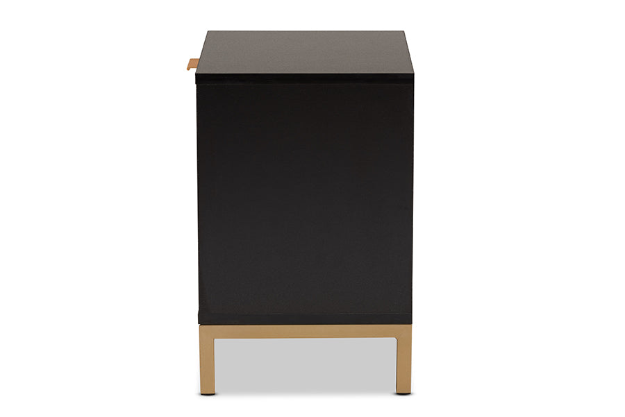 Baxton Studio Uriel Mid-Century Modern Transitional Two-Tone Natural Brown and Black Finished Wood and Brushed Gold Metal 1-Drawer Nightstand