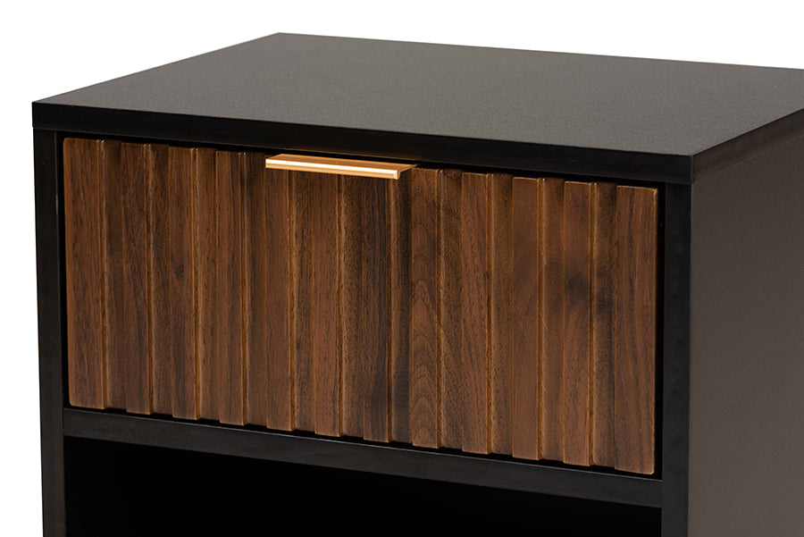 Baxton Studio Uriel Mid-Century Modern Transitional Two-Tone Natural Brown and Black Finished Wood and Brushed Gold Metal 1-Drawer Nightstand