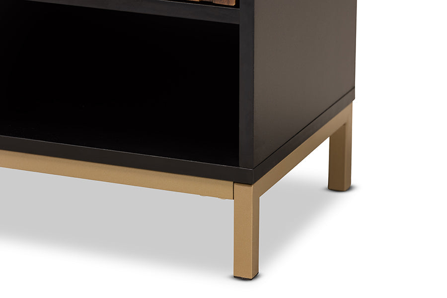 Baxton Studio Uriel Mid-Century Modern Transitional Two-Tone Natural Brown and Black Finished Wood and Brushed Gold Metal 1-Drawer Nightstand