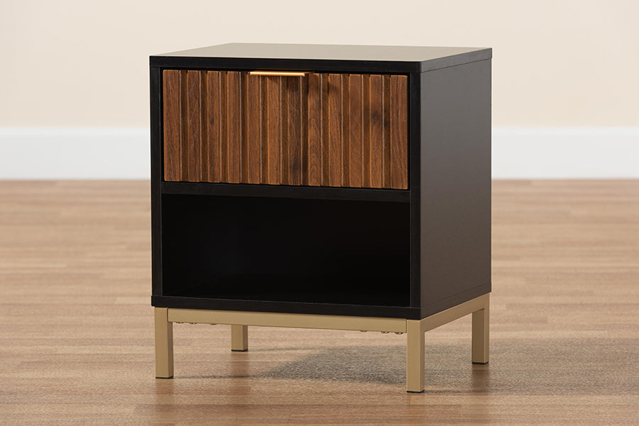 Baxton Studio Uriel Mid-Century Modern Transitional Two-Tone Natural Brown and Black Finished Wood and Brushed Gold Metal 1-Drawer Nightstand
