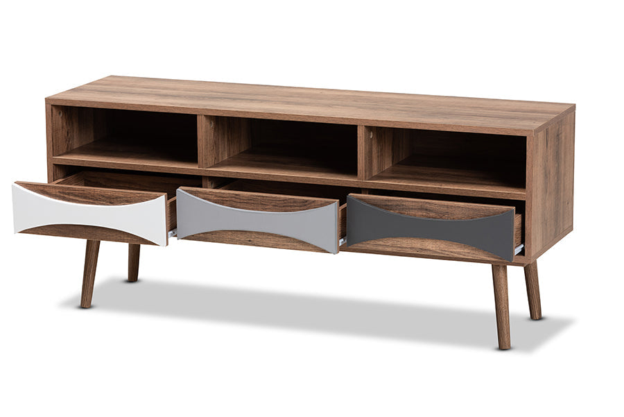 Baxton Studio Leane Modern and Contemporary Natural Brown Finished and Multi-Colored Wood 3-Drawer TV Stand