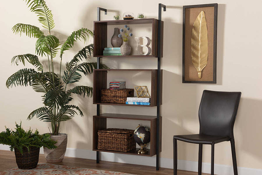 Baxton Studio Aldis Modern Industrial Walnut Brown Finished Wood and Black Metal 3-Tier Display Shelf