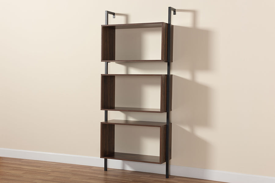 Baxton Studio Aldis Modern Industrial Walnut Brown Finished Wood and Black Metal 3-Tier Display Shelf