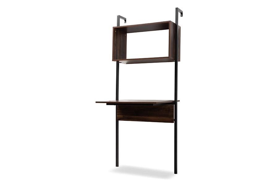 Baxton Studio Fariat Modern Industrial Walnut Brown Finished Wood and Black Metal Display Shelf with Desk