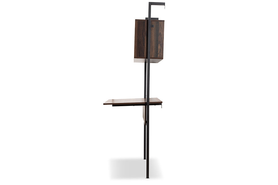 Baxton Studio Fariat Modern Industrial Walnut Brown Finished Wood and Black Metal Display Shelf with Desk