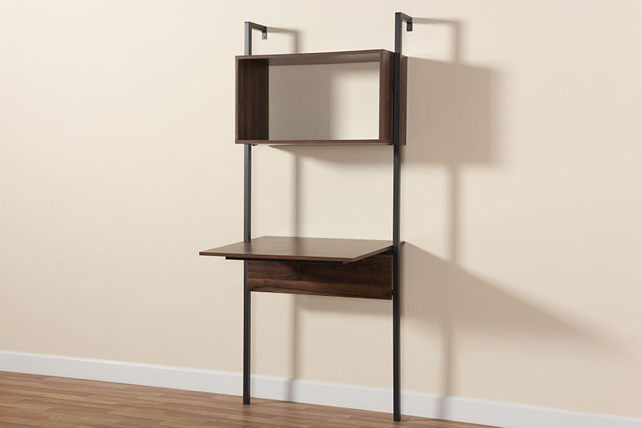 Baxton Studio Fariat Modern Industrial Walnut Brown Finished Wood and Black Metal Display Shelf with Desk