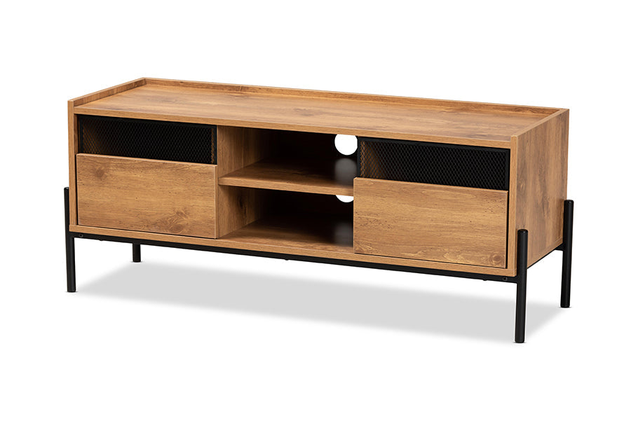 Baxton Studio Tasman Modern and Contemporary Industrial Natural Brown Finished Wood and Black Metal 2-Door TV Stand