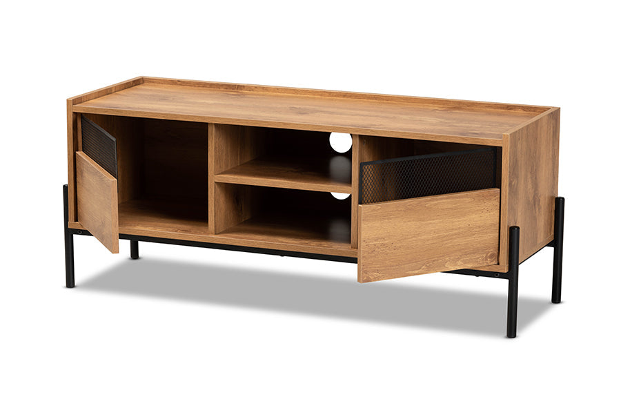Baxton Studio Tasman Modern and Contemporary Industrial Natural Brown Finished Wood and Black Metal 2-Door TV Stand