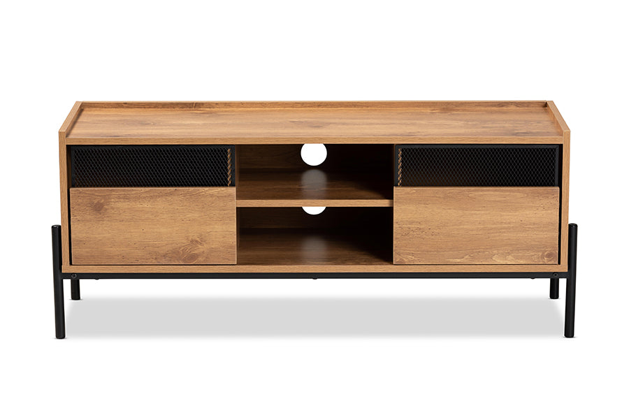 Baxton Studio Tasman Modern and Contemporary Industrial Natural Brown Finished Wood and Black Metal 2-Door TV Stand
