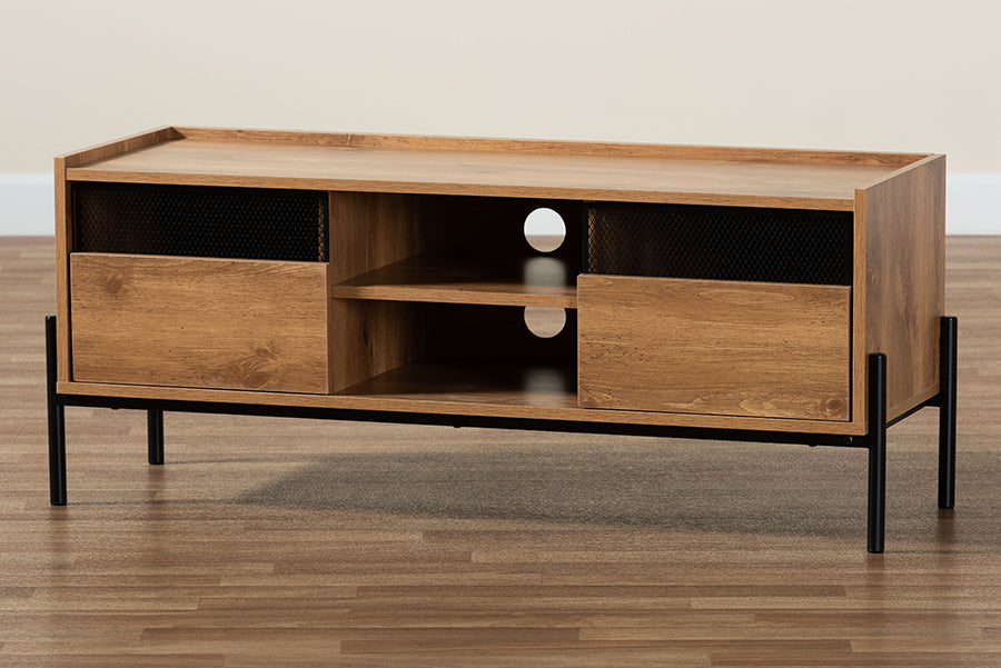 Baxton Studio Tasman Modern and Contemporary Industrial Natural Brown Finished Wood and Black Metal 2-Door TV Stand