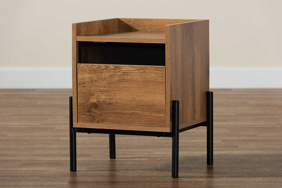 Baxton Studio Tasman Modern and Contemporary Industrial Natural Brown Finished Wood and Black Metal End Table