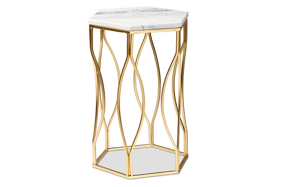 Baxton Studio Kalena Modern and Contemporary Gold Metal End Table with Marble Tabletop