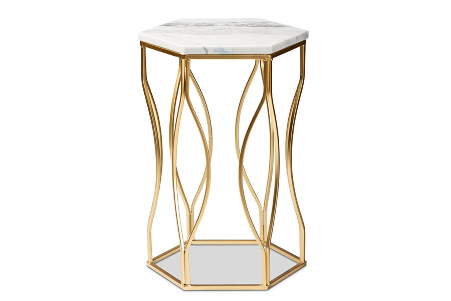 Baxton Studio Kalena Modern and Contemporary Gold Metal End Table with Marble Tabletop