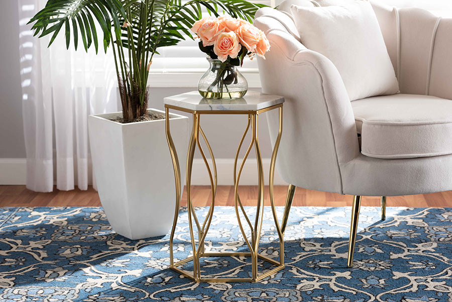 Baxton Studio Kalena Modern and Contemporary Gold Metal End Table with Marble Tabletop